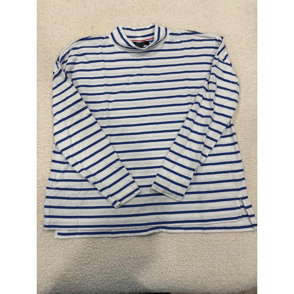AYR French Fry Tee Shirt Mock Neck Long Sleeve Blue White Piano Stripe Size XS
